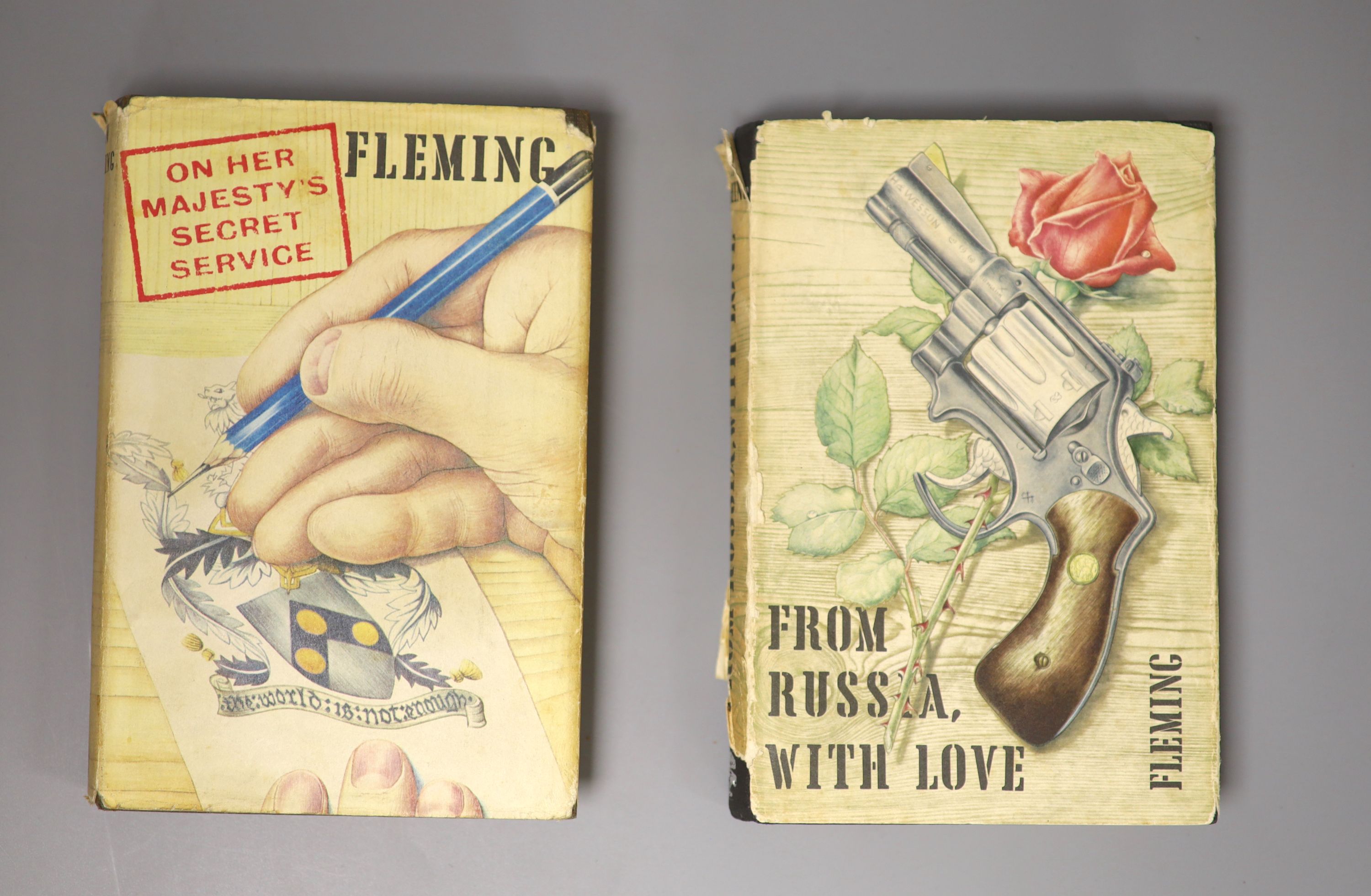 Fleming, Ian - On Her Majesty’s Secret Service, 1st edition, with unclipped d/j designed by Richard Chopping, original dark brown cloth with ski motif to front board, London, 1963; and From Russia With Love, 4th impressi